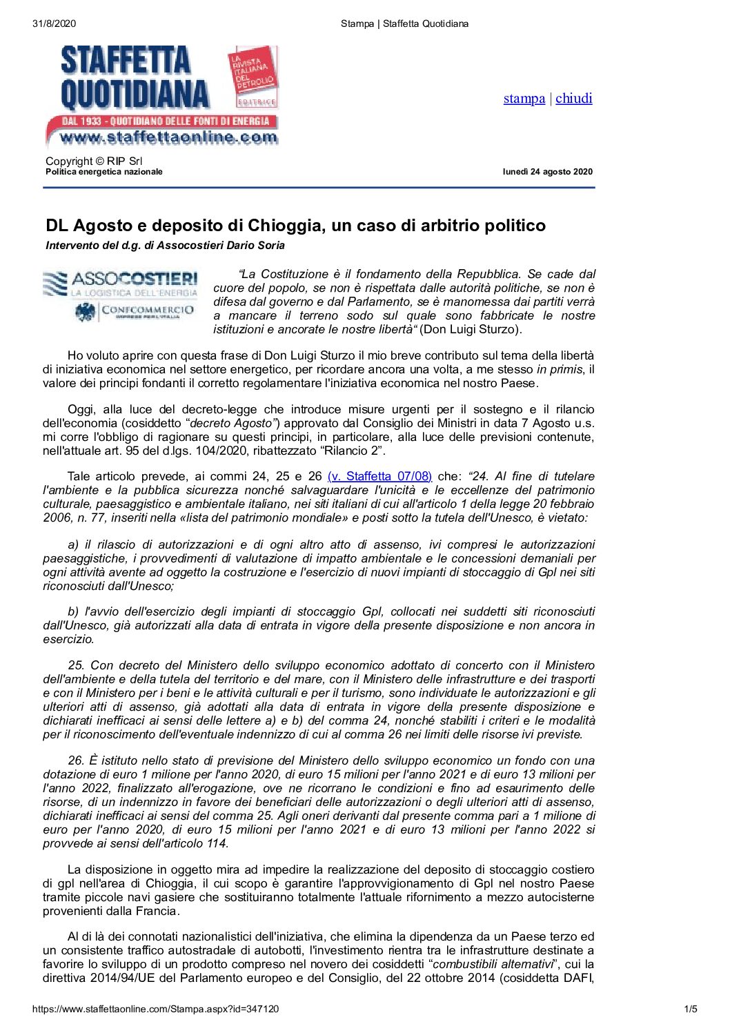 24.08.2020 – DL August and deposit of Chioggia, a case of political arbitration